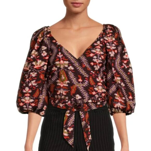 RHODE 'Iris' Puff-Sleeve Printed Cotton Wrap-Front Top, Plumeria Chocolate - Picture 1 of 2